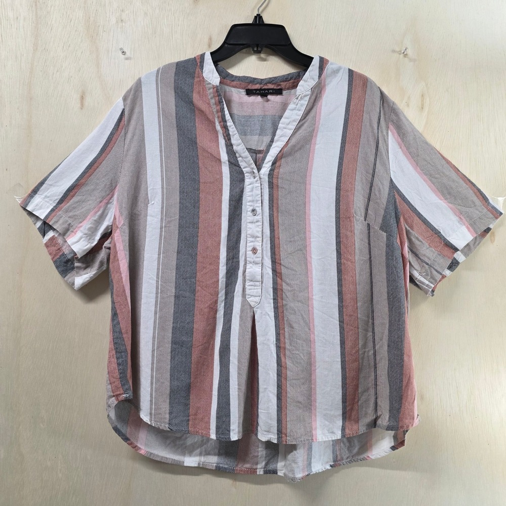 Tahari Womens 2X Linen Blend Striped Short Sleeve V-Neck Blouse Pink Gray Tan